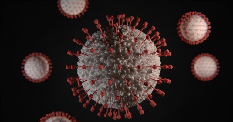 3D-Darstellung eines Virus mit Spike-Proteinen auf dunklem Hintergrund