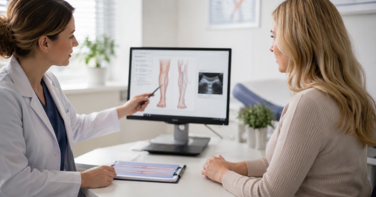 Arztgespräch zur Venenuntersuchung mit Patientin und medizinischer Darstellung der Beinvenen am Monitor
