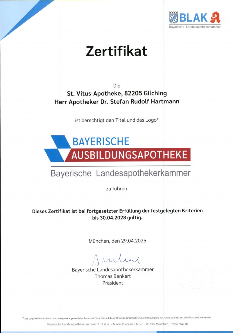 Zertifikat - "Bayerische Ausbildungsapotheke" - Zertifikatgültigkeit bis 30.04.2028